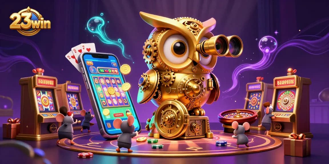Engage with 23win in an exciting casino world featuring a golden owl, vibrant games, and lively patrons.