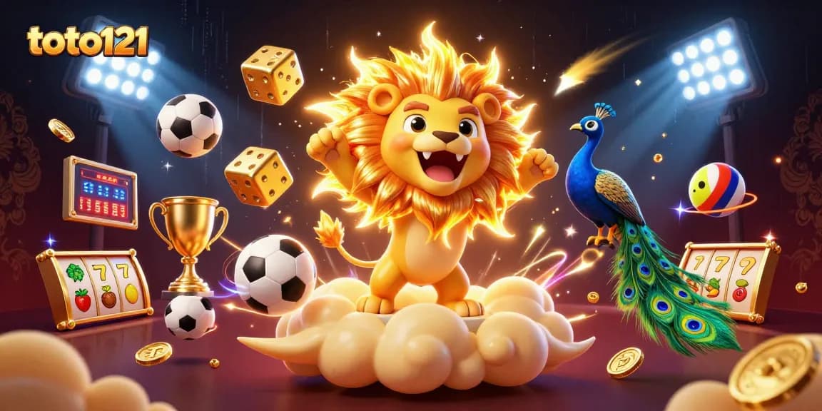 Toto121 players experiencing excitement with golden dice, sports elements, and a roaring sun lion.