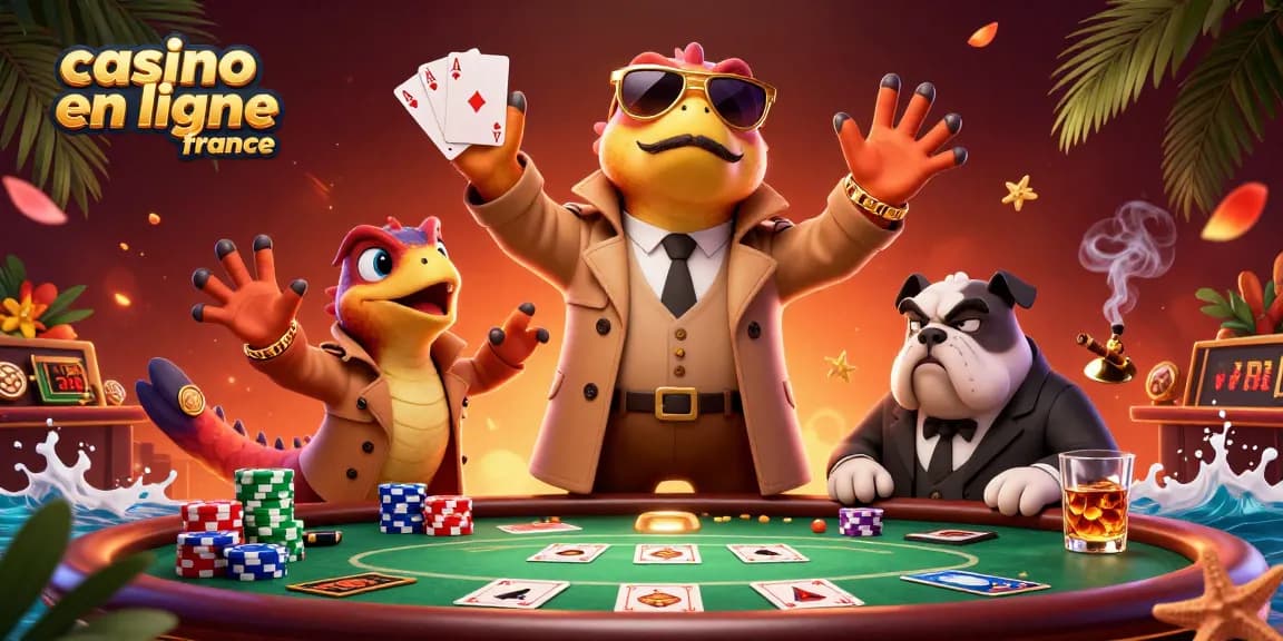Casino en ligne France : trois raptors déguisés entrant dans un casino VIP avec des éléments de jeu colorés.