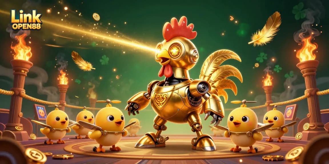 Experience the thrills of Link OPEN88 with a dynamic scene featuring a futuristic rooster robot and slot reels.
