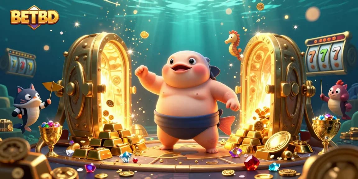 Engage in thrilling betting action with BETBD's cartoon scene, showcasing a lively underwater casino atmosphere.