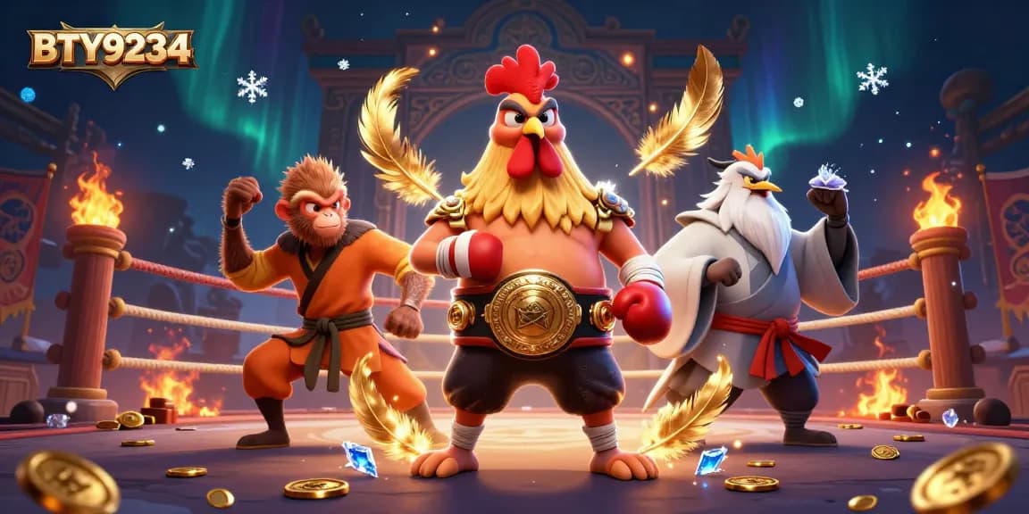 BTY9234 showcases a vibrant fighting arena with a Muay Thai rooster, Shaolin monkey, and a wise crane master ready for action.