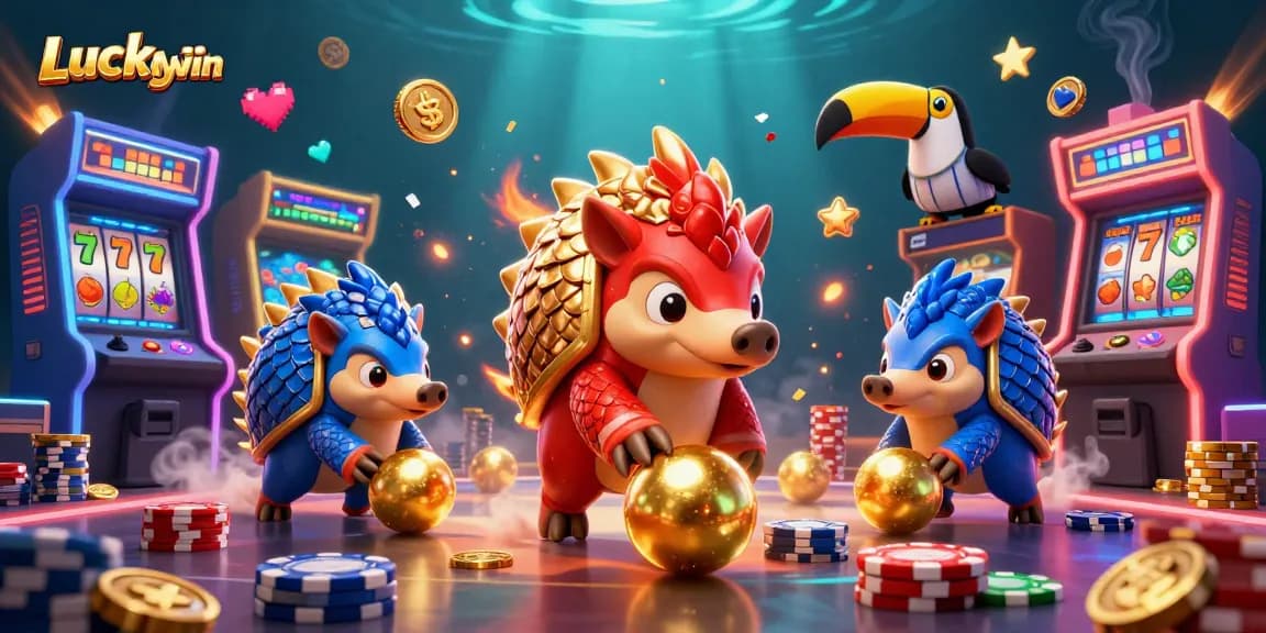 Luckywin pangolins bowling through poker chips in vibrant casino-themed 3D illustration