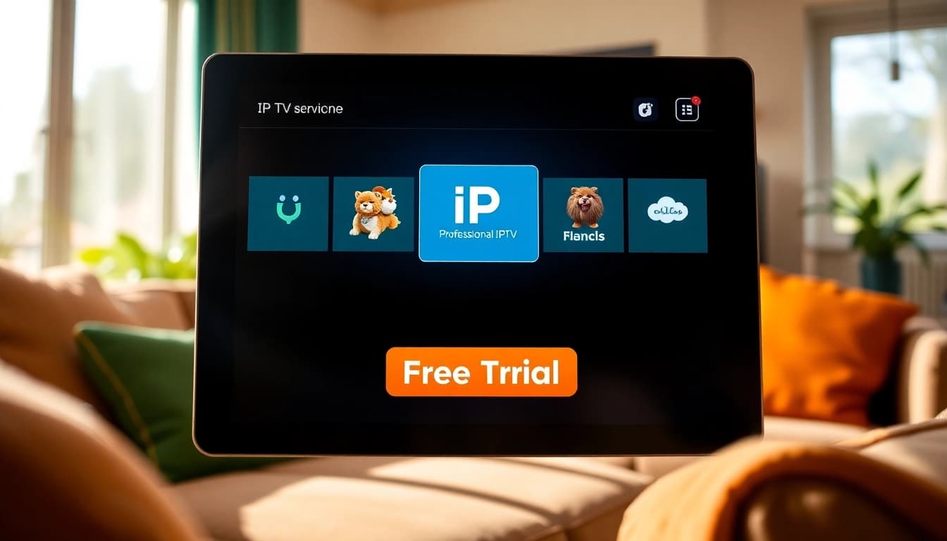 Experience iptv free trial with a sleek tablet showcasing HD channels in a cozy living room.