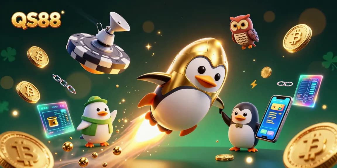 Engage with QS88 in an epic cosmic casino adventure featuring a penguin in space.