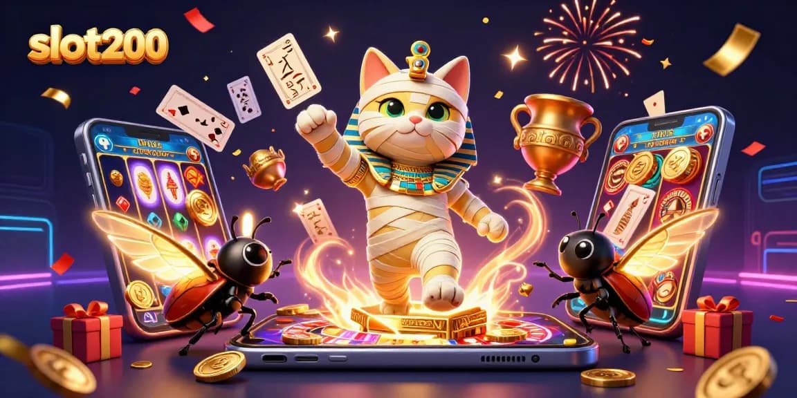 slot200 menampilkan kucing mumi 3D keluar dari sarkofagus dengan permainan slot yang menyerupai perayaan di kasino