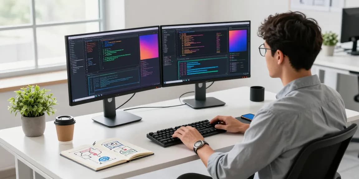 Build internal tools with AI in a modern software development workspace with dual monitors and a developer focused on code.