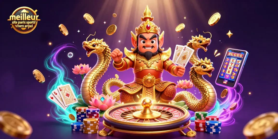Image illustrant le meilleur site paris sportif hors arjel avec un yaksha en armure dorée entouré de pièces d'or et de jeux de casino.
