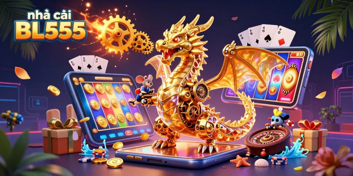 Play exciting games with nhà cái BL555, featuring a golden dragon, dynamic slot action, and thrilling casino elements.