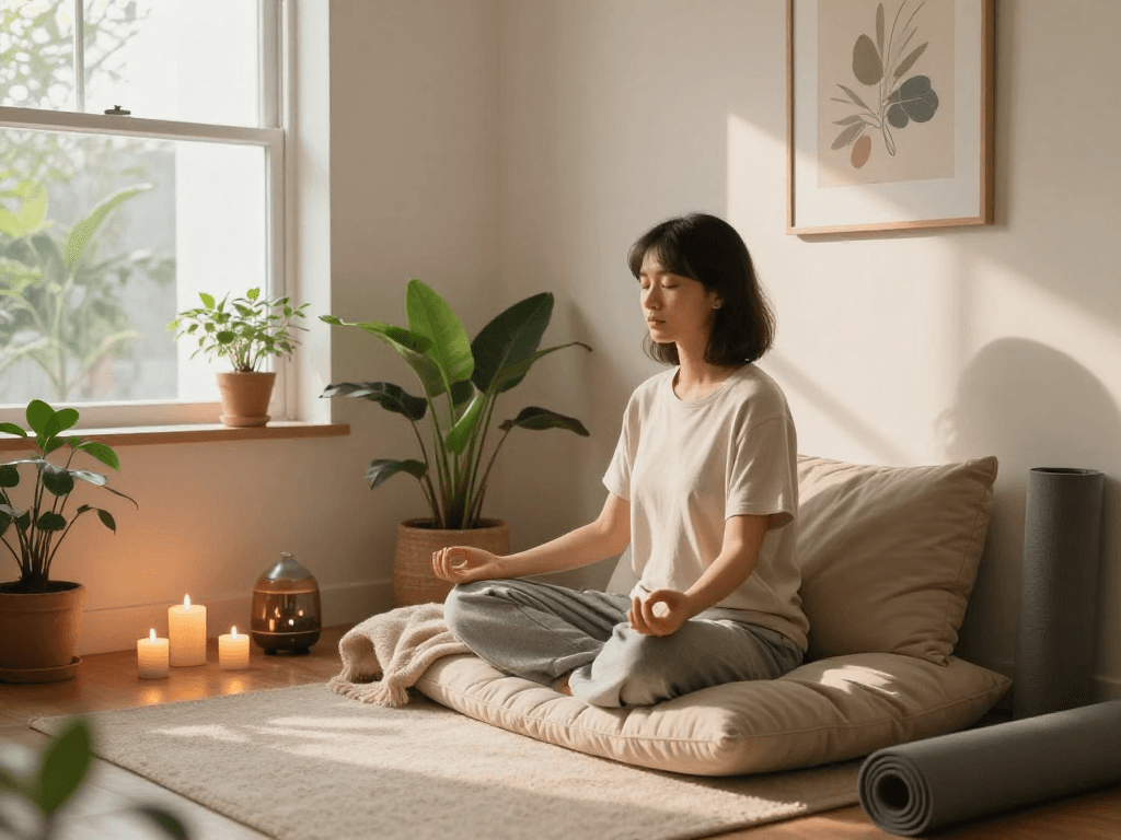 mantra88 meditation in serene home space with candles and plants