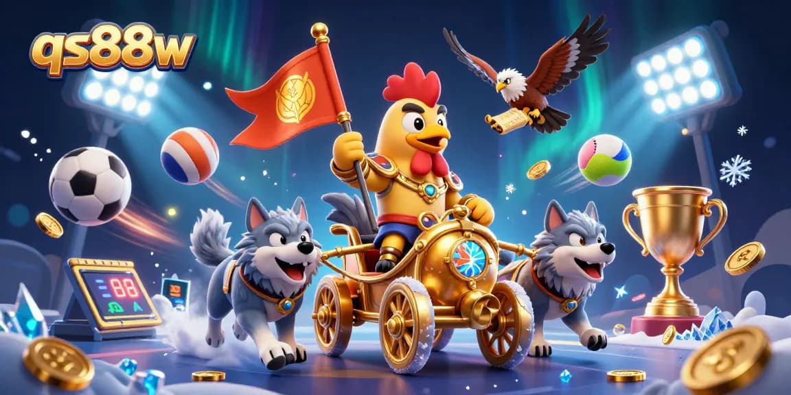 Experience thrilling gameplay at qs88w featuring a golden chariot, sports elements, and vibrant casino graphics.