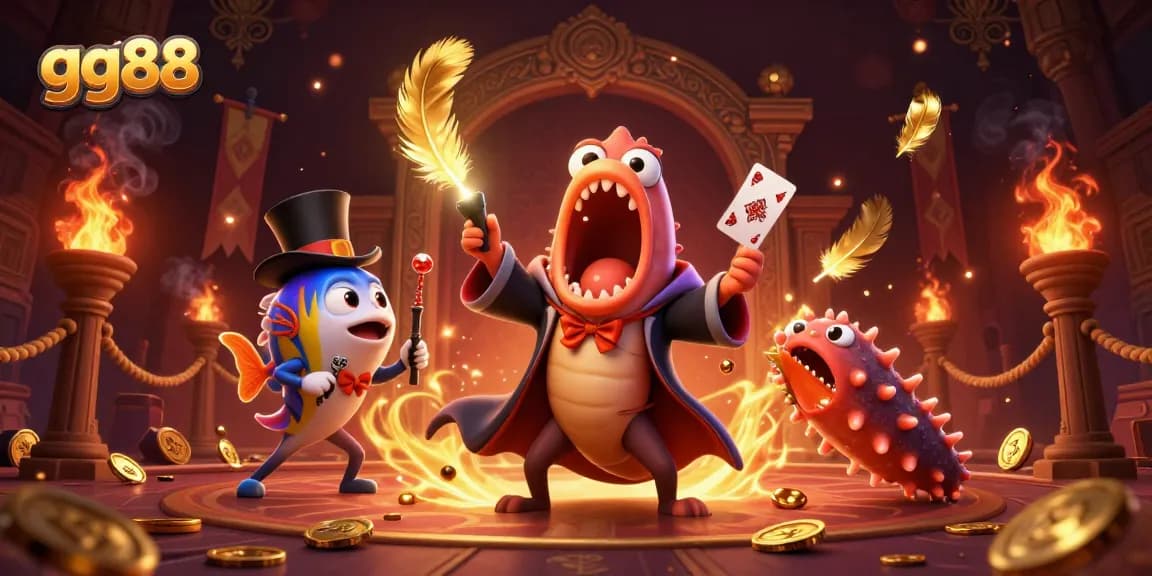 Engage in gaming action with gg88's deep-sea characters performing magic tricks in a vibrant casino scene.