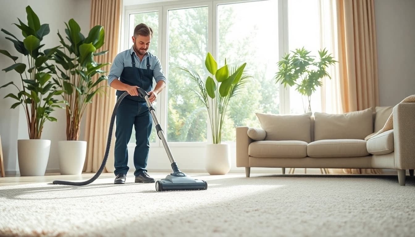 Professional carpet cleaning near me lincoln ca technician cleaning a modern rug in a bright living room.