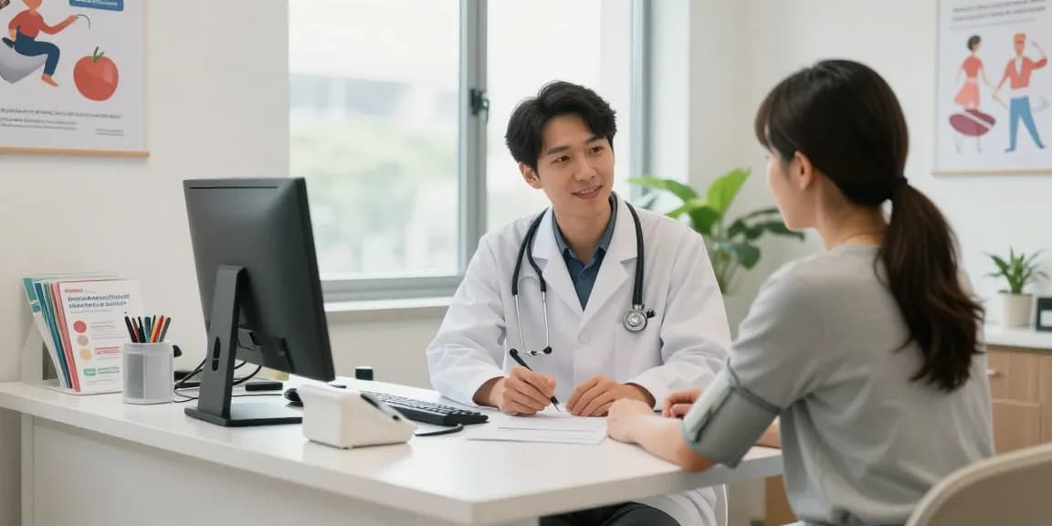 Consultation at Deus Medical for innovative health solutions, showing friendly interaction in a bright medical office.