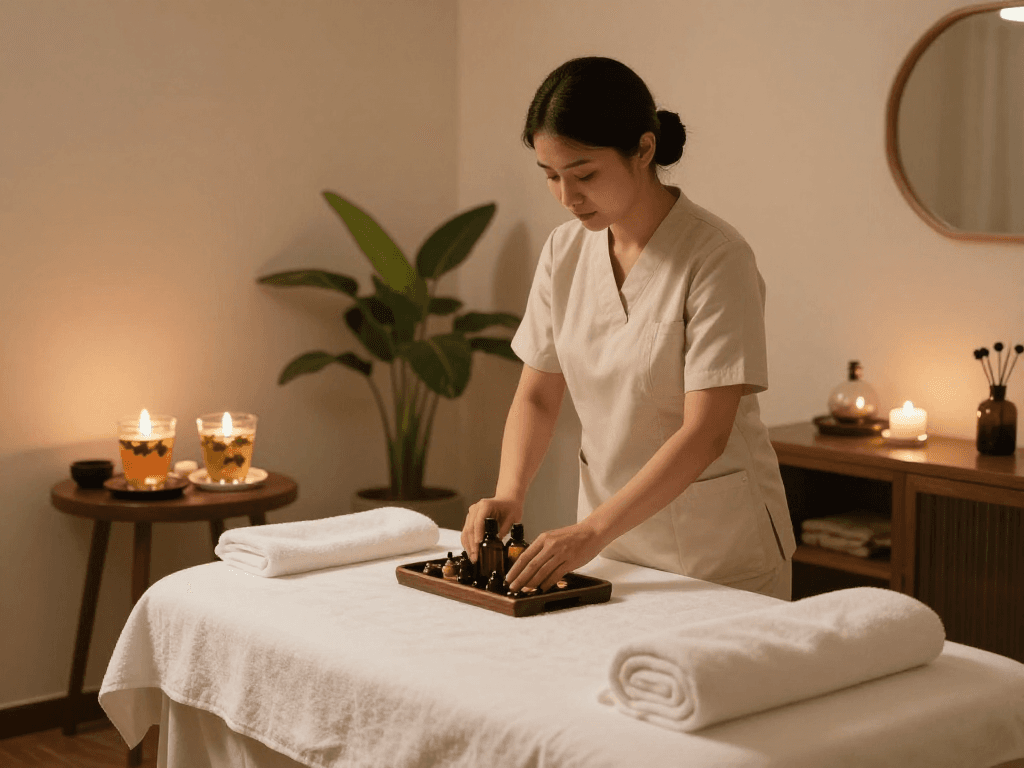 Therapist preparing aromatic oils for a mantra88 massage in a serene private spa environment, enhancing relaxation.