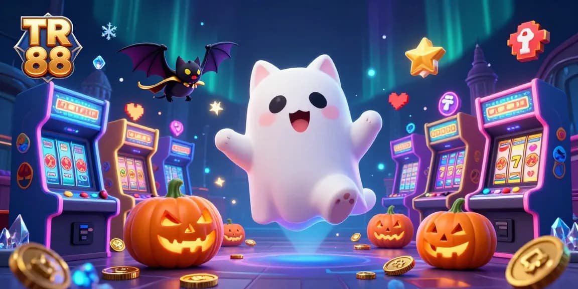 Experience the thrill of TR 88's haunted casino with a ghost cat and vampire bat in an engaging 3D illustration.