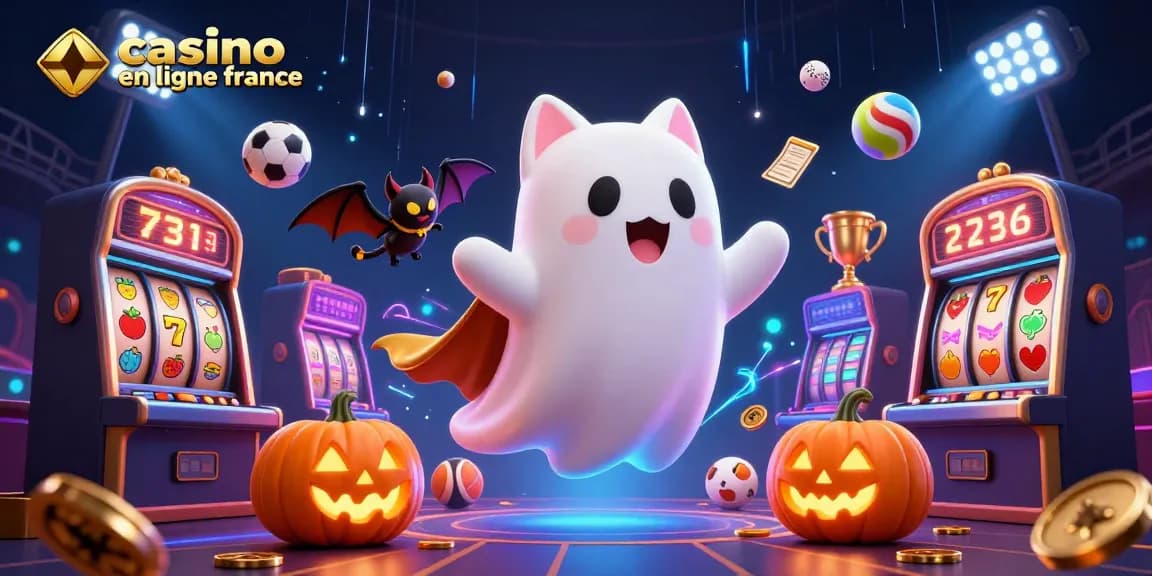Casino en ligne France : un chat fantôme et un vampire s'amusent avec des machines à sous.