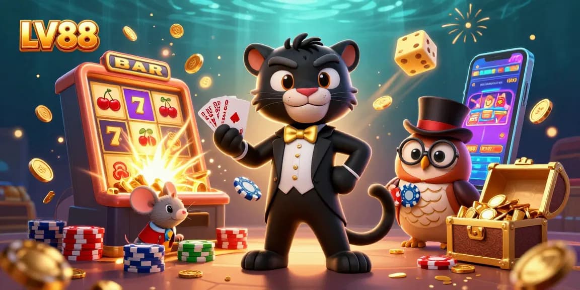 LV88 showcases a lively casino scene with a panther dealing cards, an owl with chips, and dynamic game elements.
