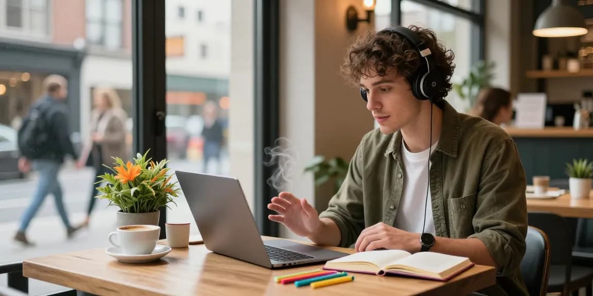 Influencer at a trendy café using kirstenpricexxx.com for creative content, with laptop, coffee, and vibrant decor.
