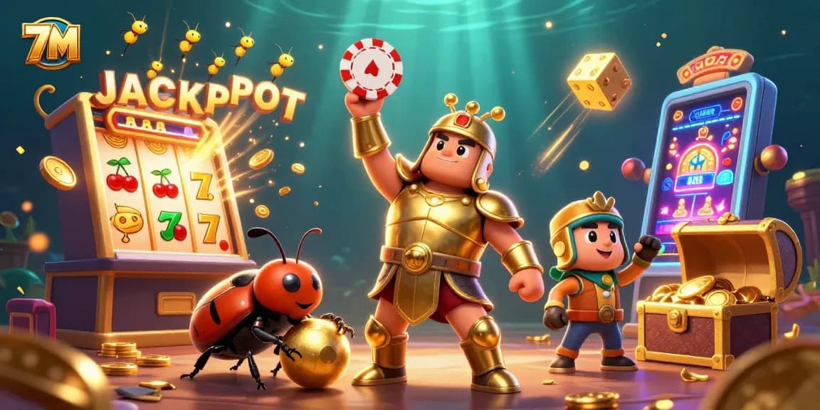 Join the 7M celebration with a victorious beetle lifting a poker chip amidst a jackpot explosion.