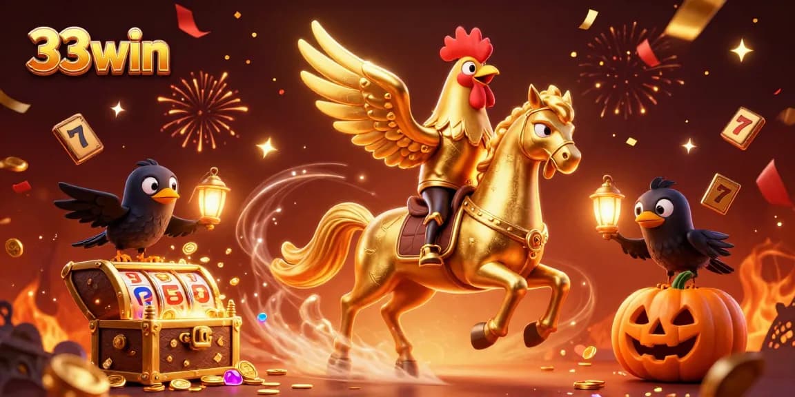 Experience the excitement of 33win with a golden rooster and festive casino elements in a vibrant scene.