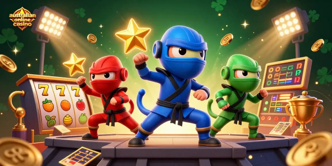 Australian online casino scenes with ninja chameleons amid slot reels and gold coins for dynamic visuals