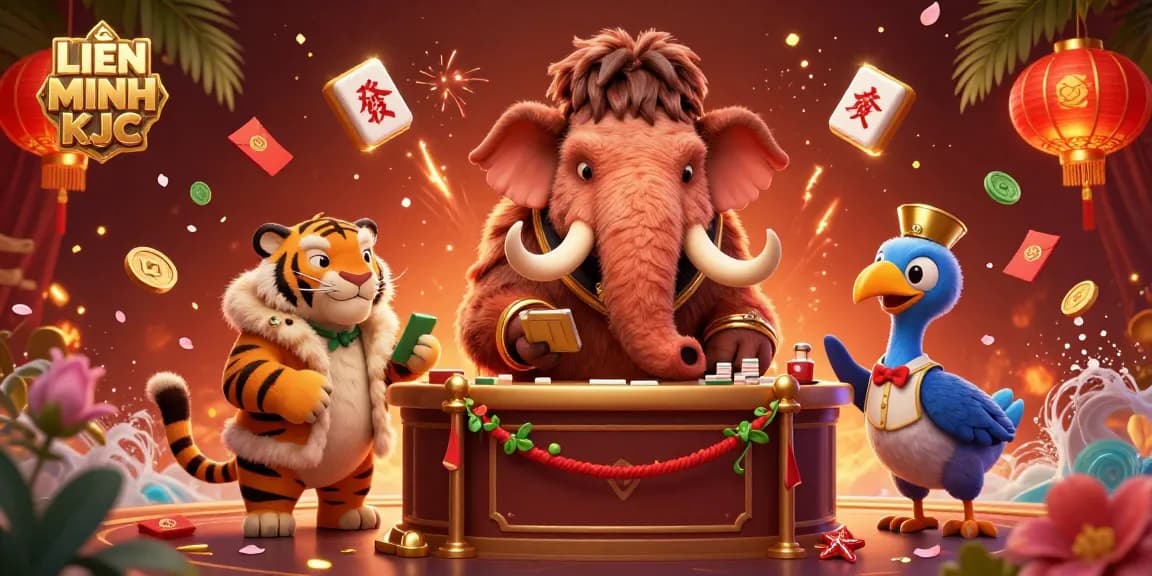 Experience the excitement of LIÊN MINH KJC with a lively illustration featuring animated casino characters.