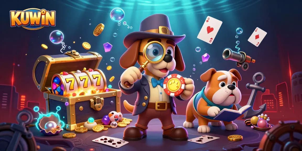 KUWIN casino characters engaging in slot action revealing treasure and clues in a vibrant underwater scene.