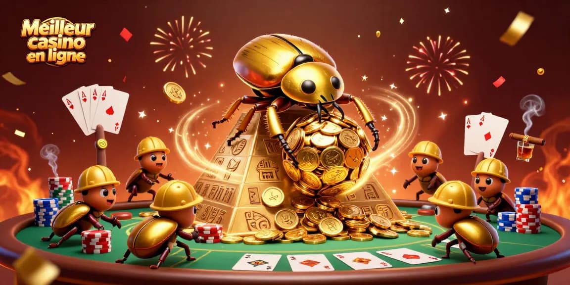 Experience the excitement of Meilleur casino en ligne with a playful scene of beetles and casino elements.