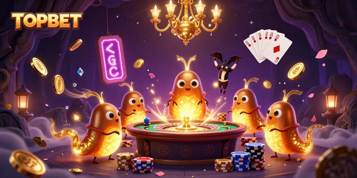 Experience the magic of TOPBET in a dynamic casino scene with glowing glowworms and a bat dealer.