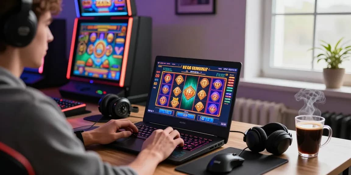 Engaged player enjoying slot zeus gaming experience on a laptop with vibrant graphics and cozy atmosphere.
