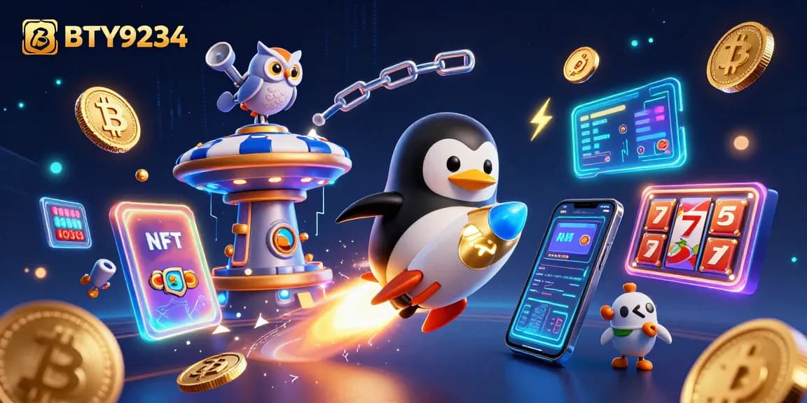 Engage with BTY9234 as a golden penguin charges toward a vibrant casino space station.