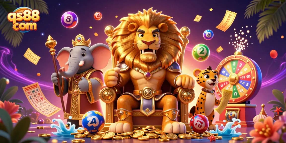 Engage in thrilling gaming at qs88 com with a fierce lion king and exciting lottery elements.