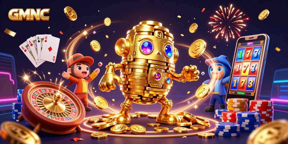 Engage with GMNC's dynamic casino landscape showcasing a golden golem and vibrant gaming elements.