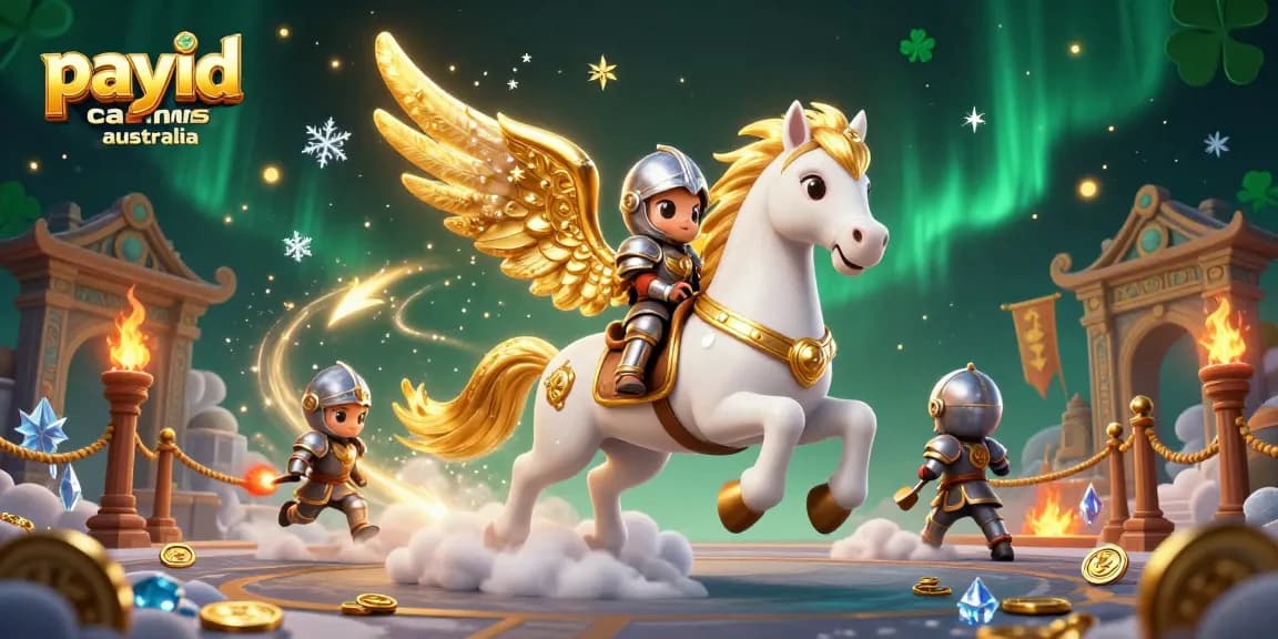 Experience thrilling gameplay at payid casinos australia with a knight and celestial horse in a vibrant casino realm.