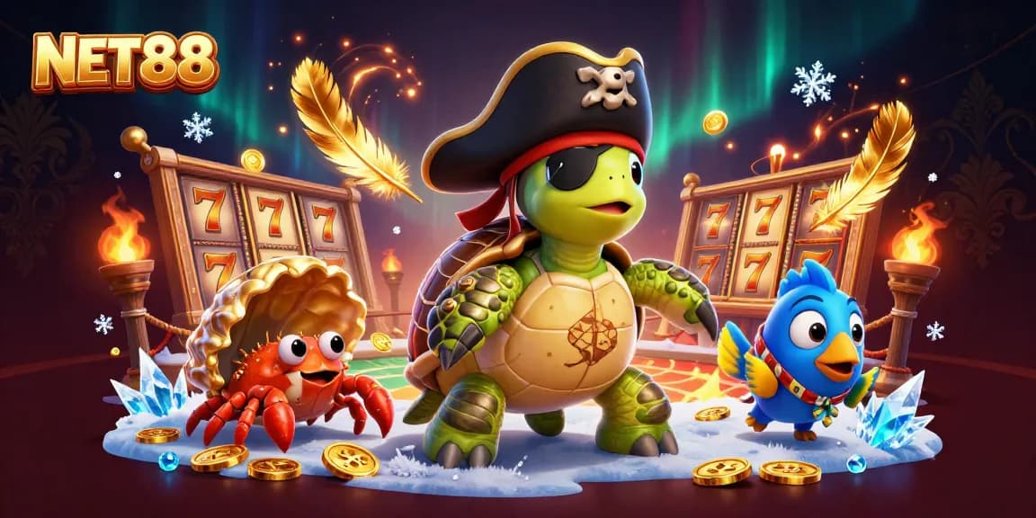 Engage with NET88 in a vibrant, dynamic casino scene featuring a pirate turtle and gold coins.