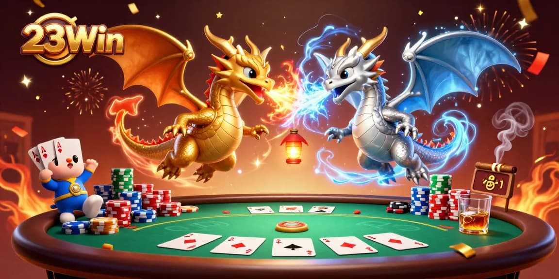 Experience the thrill of 23Win with dynamic dragons showcasing vibrant poker elements in a festive atmosphere.
