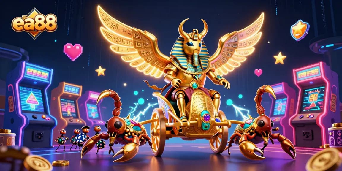Experience the thrill at ea88 with a 3D illustration of golden beetles, scorpions, and poker chips amidst vibrant casino-themed elements.