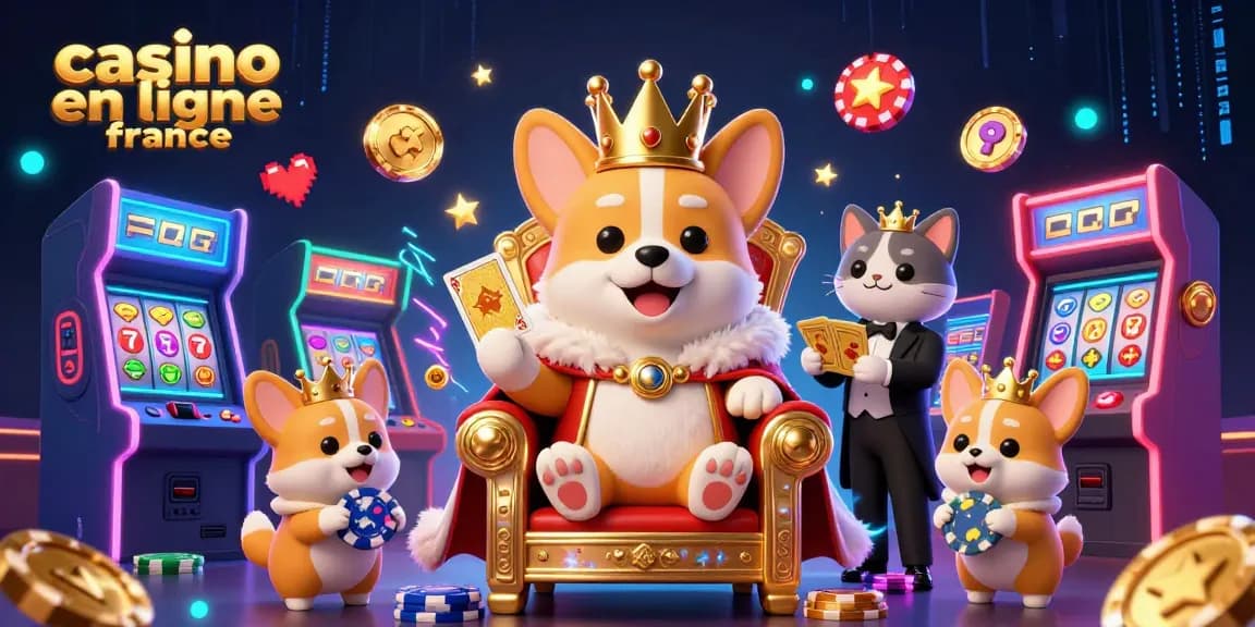 Profitez du jeu responsable avec le casino en ligne France, illustré par un corgi royal entouré de machines à sous.