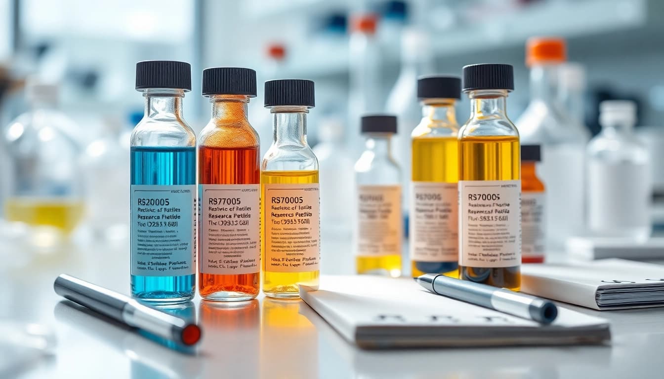 Showcase of pep essentials peptides in a laboratory setting with bright lighting and detailed vials.
