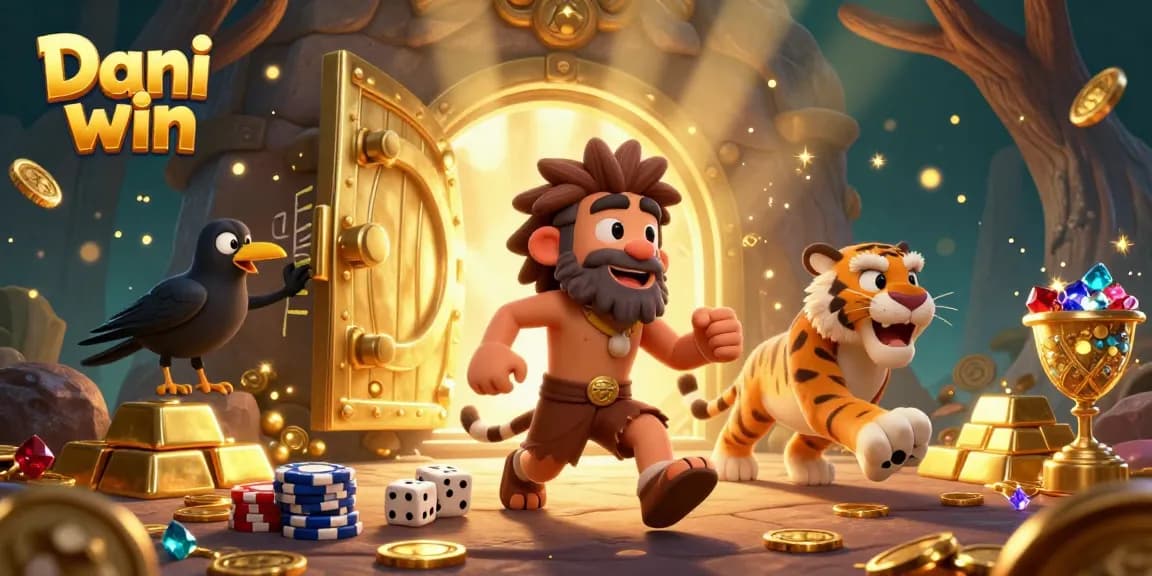 Dive into Dhani win with a thrilling casino scene featuring a caveman, tiger, and crow amidst gold and dazzling gems.