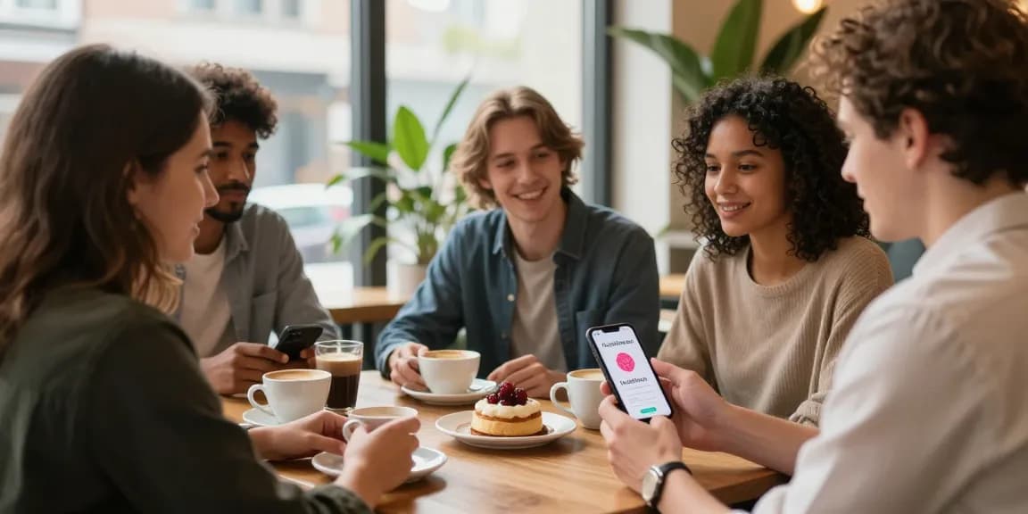 Engaging scene of singles discussing dating in café with HundRoses app visible.