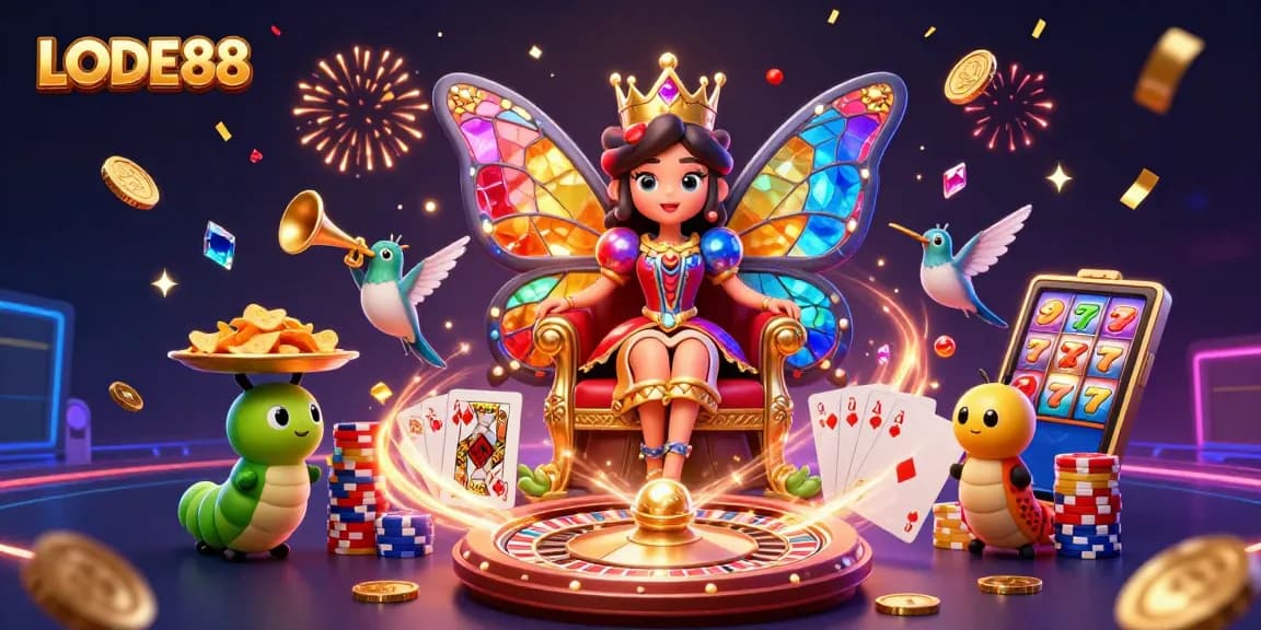 Engage with LODE88's vibrant 3D illustration showcasing a colorful casino atmosphere filled with excitement.