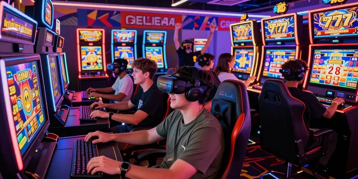 Immersive slot gacor 777 gaming scene with players in a vibrant casino environment, showcasing excitement and technology.