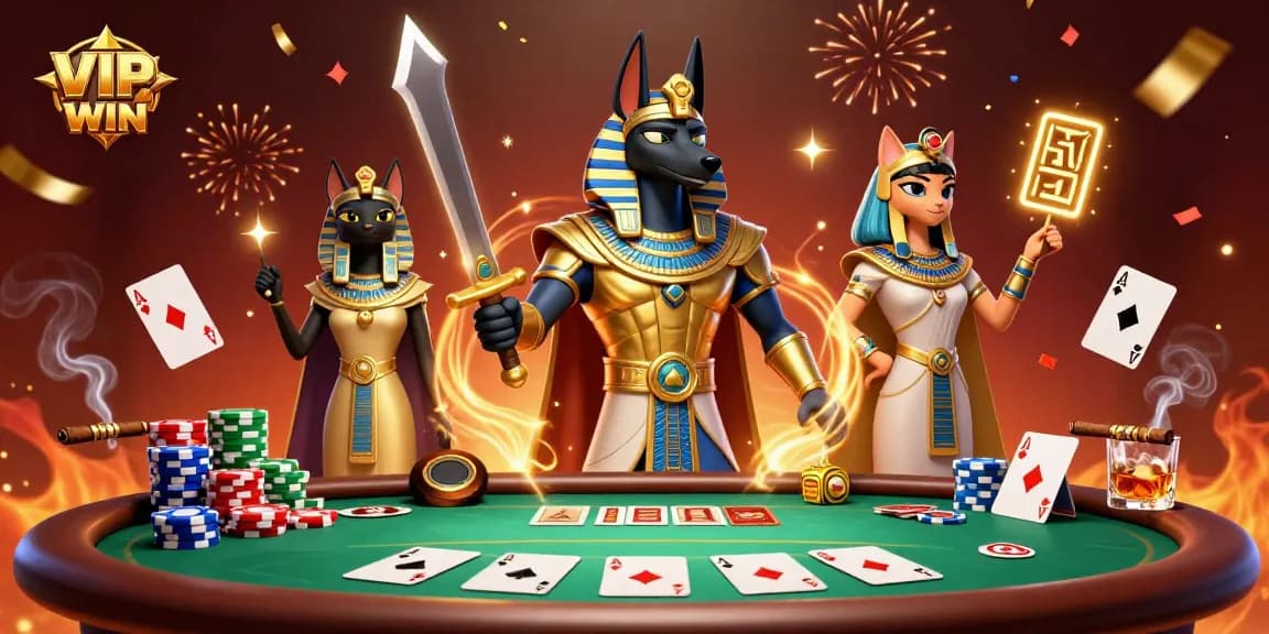 Engage in thrilling gaming at VIPWIN with a stunning 3D illustration featuring Anubis and Bastet in a dynamic poker scene.