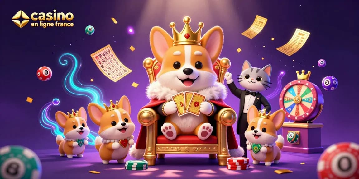 Illustration dynamiquement colorée de casino en ligne France avec un corgi royal et des éléments de loterie.