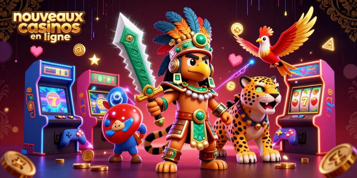 Découvrez les nouveaux casinos en ligne avec une scène dynamique d'un guerrier aztèque et des machines à sous colorées.