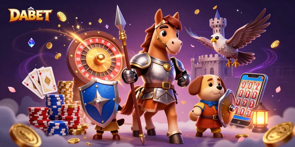 DABET spins a 3D roulette wheel amidst gold coins and vibrant poker chips in this animated scene.