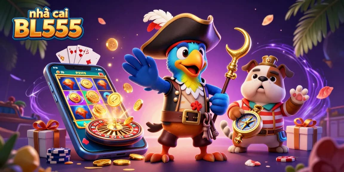 Engaging scene showcasing nhà cái BL555 with a pirate captain and colorful gaming elements.