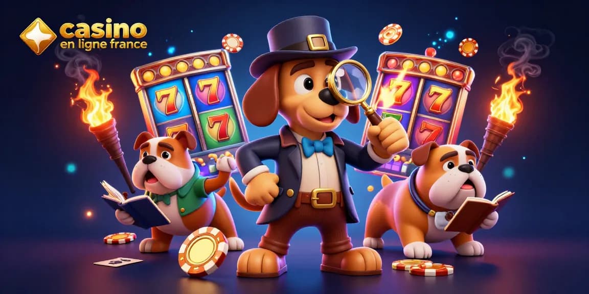 Jouer au casino en ligne France avec un détective à la recherche de jetons en or et des machines à sous.